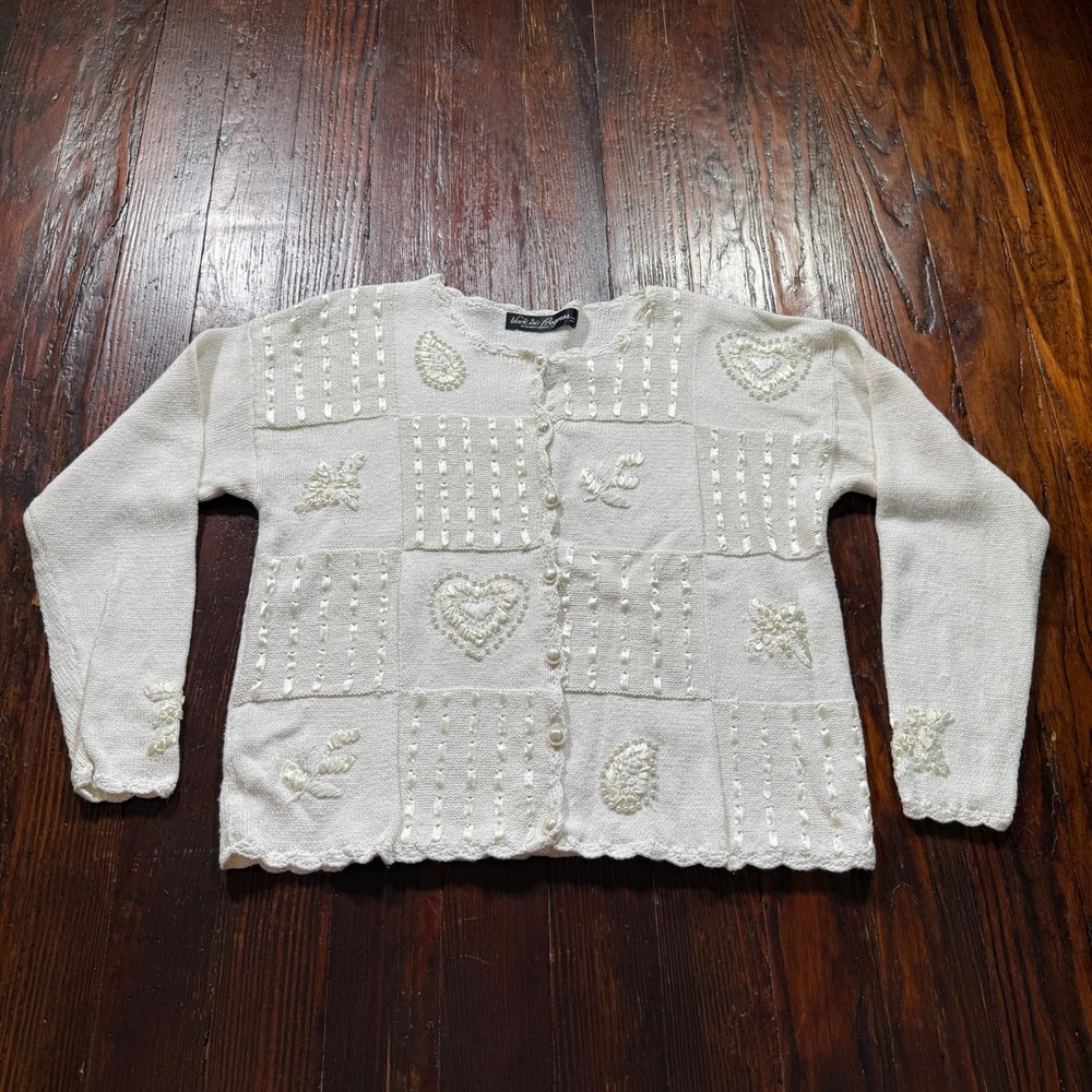 Work in Progress Cardigan Womens L Cream Patchwork Heart Ribbon Embellished